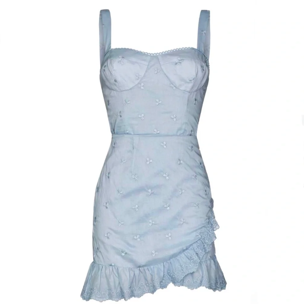 NEW REFORMATION BLUE EMBROIDERED COTTON MINI DRESS - Picture 9 of 10